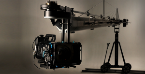 Professional film camera setup on a studio rig.