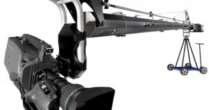 A close-up of a professional camera crane arm with a mounted camera.
